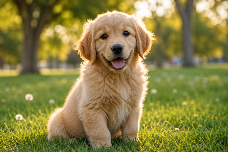Photo of a golden retriever puppy on a lawn, with the original park background