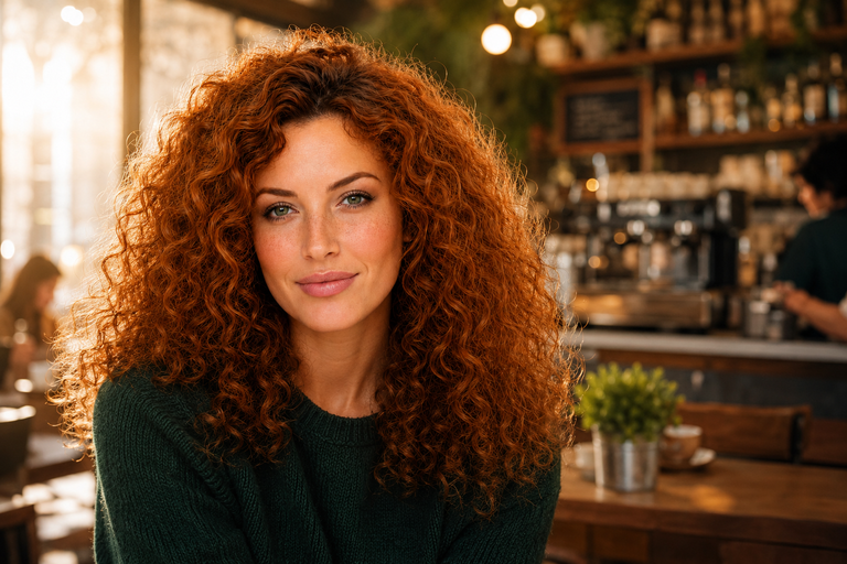 Portrait photo of a woman with curly red hair against the original café background